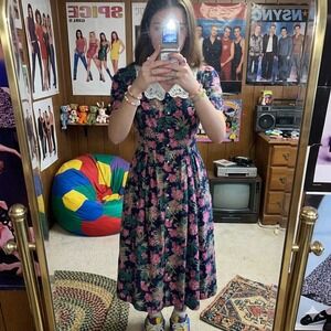 Miss Dorby Womens 14 Midi Dress Navy Pink Floral Lace Collar Button Front 2867G